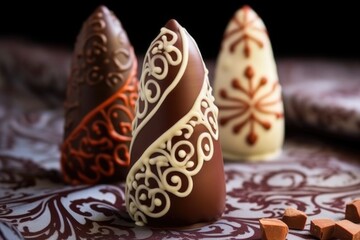 chocolate piping bag with intricate designs on pralines - obrazy, fototapety, plakaty