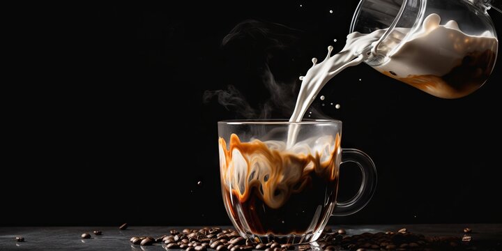 Caf&eacute; vien&eacute;s con leche verti&eacute;ndose en ambiente acogedor, Delicado chorro de leche en caf&eacute; con granos tostados, Ritual matutino: Preparando un caf&eacute; con leche cremosa