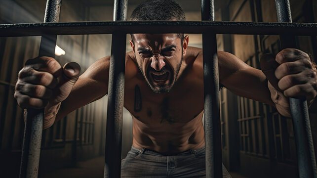 Aggressive male prisoner holding bars with injured hands generative ai