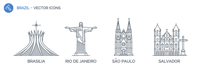 Collection of Brazil city outline icons with urban landmarks. Linear illustration of modern city symbols by BRASILIA, RIO DE JANEIRO, SÃO PAULO, SALVADOR.