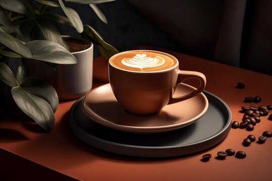 Taza de caf&eacute; marr&oacute;n con arte latte y fondo de cortina roja, Bodeg&oacute;n cl&aacute;sico de cafeter&iacute;a con iluminaci&oacute;n teatral y c&aacute;lida, Bebida caliente en ambiente de lujo o restaurante nocturno