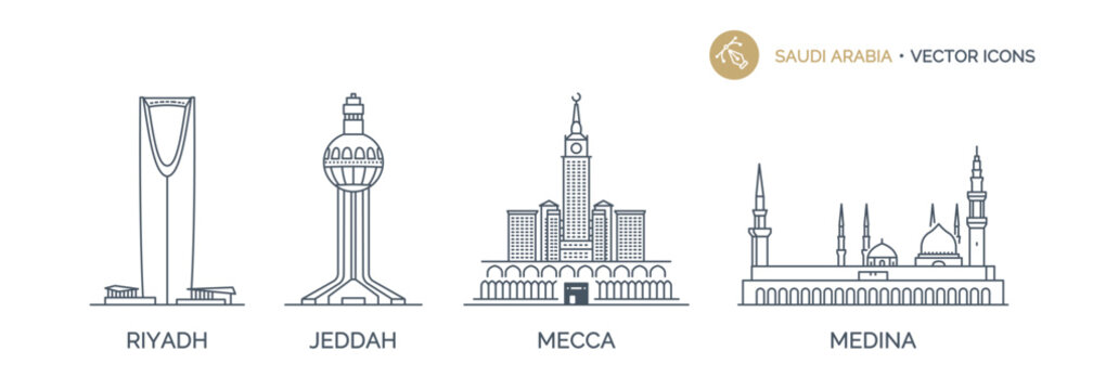 Сollection of SAUDI ARABIA cities icons with urban landmarks. Linear illustrations of modern city symbols by RIYADH, JEDDAH, MECCA, MEDINA. Vector on white background isolated.