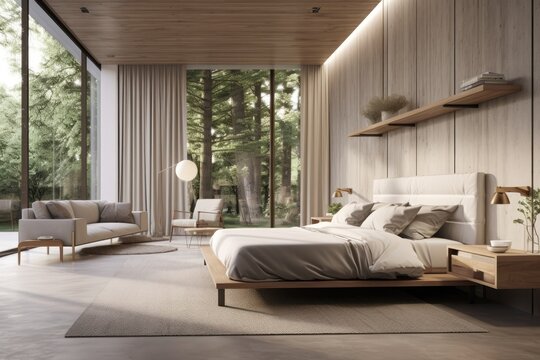A rendering of a modern and contemporary loft bedroom, featuring an open door leading to a garden. The rooms are adorned with concrete tile floors, a wooden plank ceiling, and decorated with light