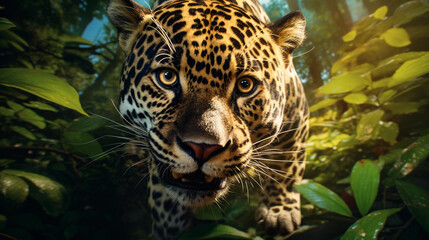 Stunning wild jaguar running towards camera in a tropical forest background