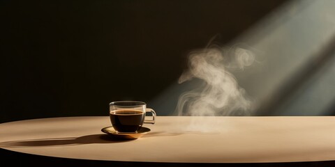 Brand caf&eacute; de lujo aislado fondo oscuro, caf&eacute; especialidad caliente mesa de madera y fondo oscuro, branding minimalista caf&eacute;