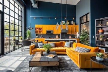Interior photography captures the essence and beauty of a modern living room with a kitchen studio in a loftstyle design. The vibrant colors employed in the space add to its overall brightness and