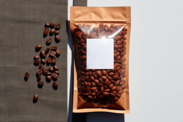 Mockup bolsa transparente con etiqueta blanca para marca de café, aesthetic packaging elegante y moderno, producto personalizable 