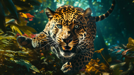 Stunning wild jaguar running towards camera in a tropical forest background