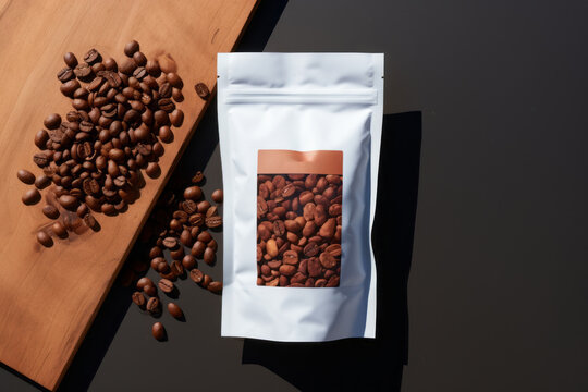 Mockup caf&eacute; ecol&oacute;gico, packaging minimalista blanco con ventana transparente, bolsa con etiqueta blanca para marca de caf&eacute;