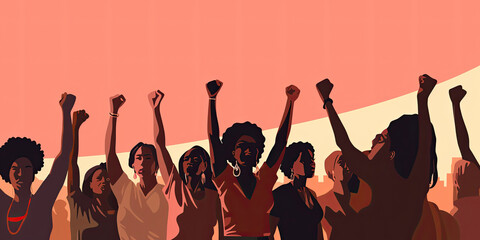 Black women march together in protest. Arms and fists raised in the for activism in the community.generative ai - obrazy, fototapety, plakaty