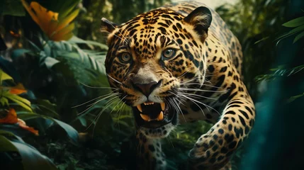 Tableau sur toile Animaux Stunning wild jaguar running towards camera in a tropical forest background  © amila