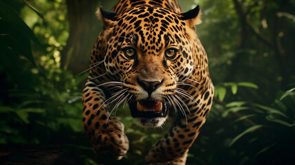 Stunning wild jaguar running towards camera in a tropical forest background