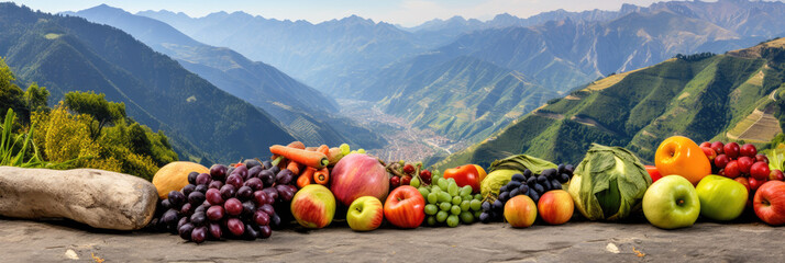 Group of fruits and vegetables, mountain landscape background, healthy eating  and vegan concept, diet