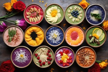 flat lay of colorful smoothie bowls with various toppings