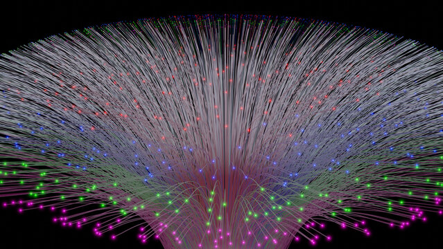 3d render of colorful fiber optic strands.