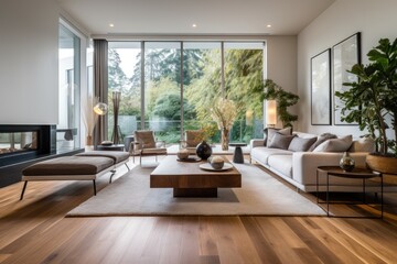 Modern interior design complements the wood flooring in this chic living room, creating a stylish and contemporary ambiance.