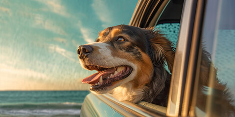 Dog sit on the side of window car during car speed, in the style of playful and fun - obrazy, fototapety, plakaty