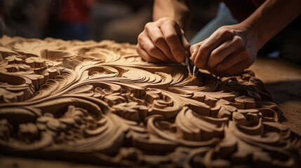 Wood working craftsmanship of an artesian carving a handmade artwork from a piece of wood - obrazy, fototapety, plakaty