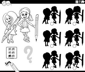 educational shadows game with two girls and pencils coloring page
