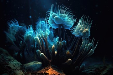Fototapeta na wymiar bioluminescent coral polyps feeding in darkness