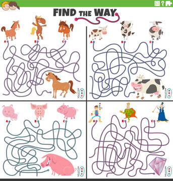 find the way maze games set with cartoon characters and farm animals
