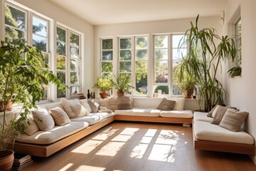 Spacious sunlit living room with windows on two sides, a window seat, leather couch, and plant.