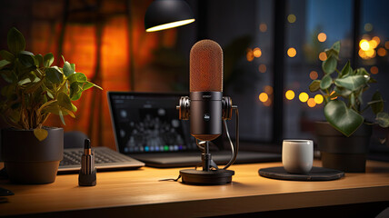 photograph of a close up of a microphone on a desk in a cozy modern podcast studio room with a laptop pc and other devices and gadgets.generative ai