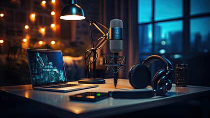 photograph of a close up of a microphone on a desk in a cozy modern podcast studio room with a laptop pc and other devices and gadgets.