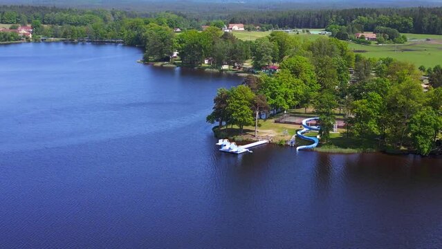 Amazing aerial view flight drone Czech village Lake Summer Paradise city town