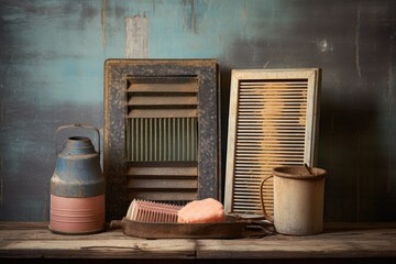 vintage washboard and soap on rustic surface