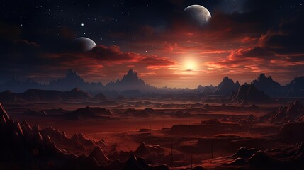  an alien landscape with mountains, rocks, and planets in the sky.  generative ai