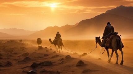 Fototapeta premium a group of people riding on the backs of camels. generative ai