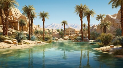 Fototapeta na wymiar a painting of palm trees and a river in a desert. generative ai