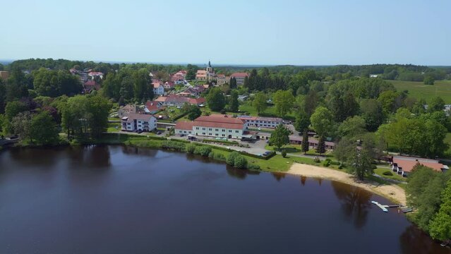 Gorgeous aerial view flight drone Czech village Lake Summer Paradise city town