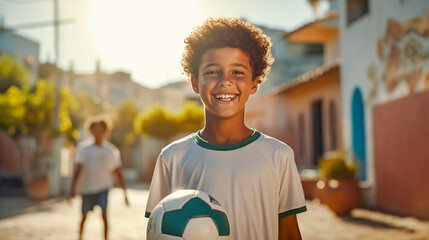 an eight-year-old boy plays soccer and is beaming with joy