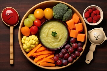top view of baby bowl with mashed fruits and vegetables