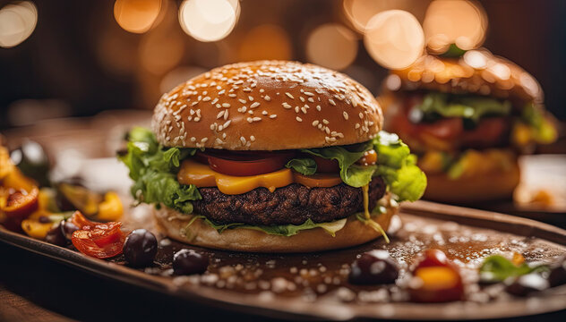 Juicy Burger With Toppings On Black Plate In Restaurant Setting