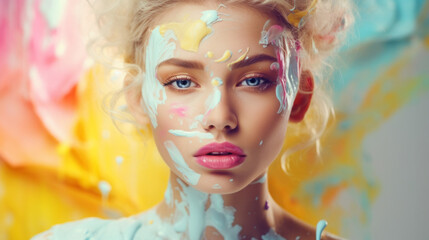 Obraz premium Close-up portrait of a young beautiful girl. Light pink, baby blue peachy orange, yellow, sprinkling. Water, swimming, rest and beauty. Generative AI.