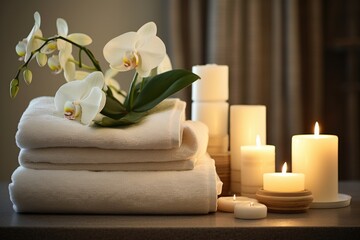Obraz na płótnie Canvas folded towels in a spa-like arrangement with candles