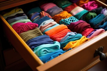 brightly colored socks paired and folded in a drawer - obrazy, fototapety, plakaty
