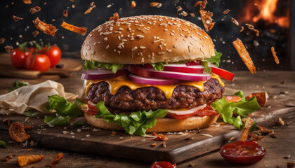 Burger on Wooden Cutting Board with Tomato Slices and Fries in Rustic Kitchen with Fire Background