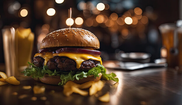 Cheeseburger and Fries on Wooden Table in Dimly Lit Restaurant