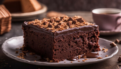 Fototapeta na wymiar Delicious Chocolate Cake Slice with Ganache and Nuts on White Plate
