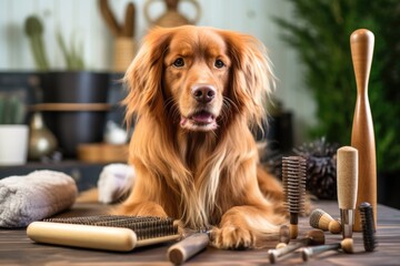close-up of dog brush and grooming tools on table