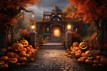 Beautiful cottage with pumpkins in autumn landscepe, Generative AI