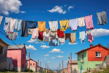 colorful laundry hanging on clothesline against blue sky