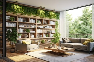 Fototapeta na wymiar Summary: Roller blinds, automatic solar shades, wood decor panels on walls, hitech flower pots with plants, and electric sunscreen curtains are some modern features that can enhance the interior of a