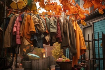 clothes hanging under an umbrella on a rainy day