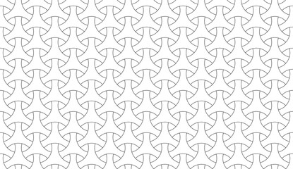 Seamless surface pattern design with traditional japanese ornament. Three pronged blocks tessellation. Repeated white interlocking figures on black background. Bishamon armor motif. Sashiko embroidery