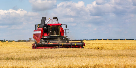 modern heavy harvesters remove the ripe wheat bread in field. Seasonal agricultural work